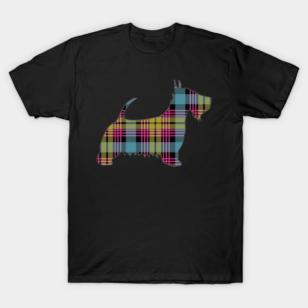 Pink, Blue and Yellow Tartan Scottish Terrier Dog Silhouette T-Shirt by MacPean